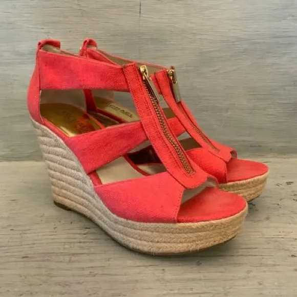 Michael Michael Kors Coral Canvas Espadrille Wedge Sandals Size 7 Good Condition - Picture 1 of 8